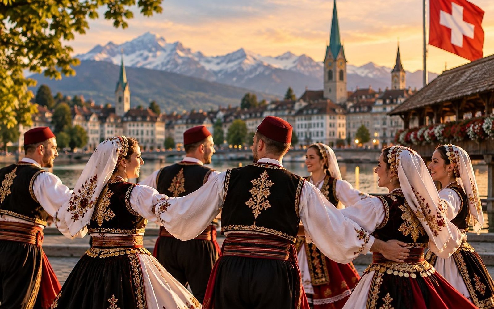 Plesači KUD-a "Sevdah" u bosanskim nošnjama na obali švicarskog jezera